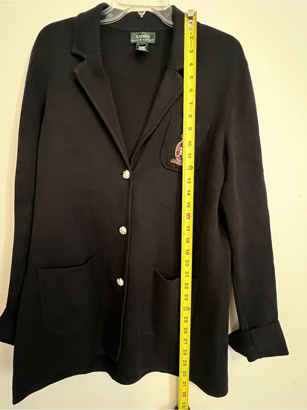 Lauren Ralph Lauren 100% Cotton Classic Crest Blazer Cardigan w Pockets Black - Picture 9 of 11
